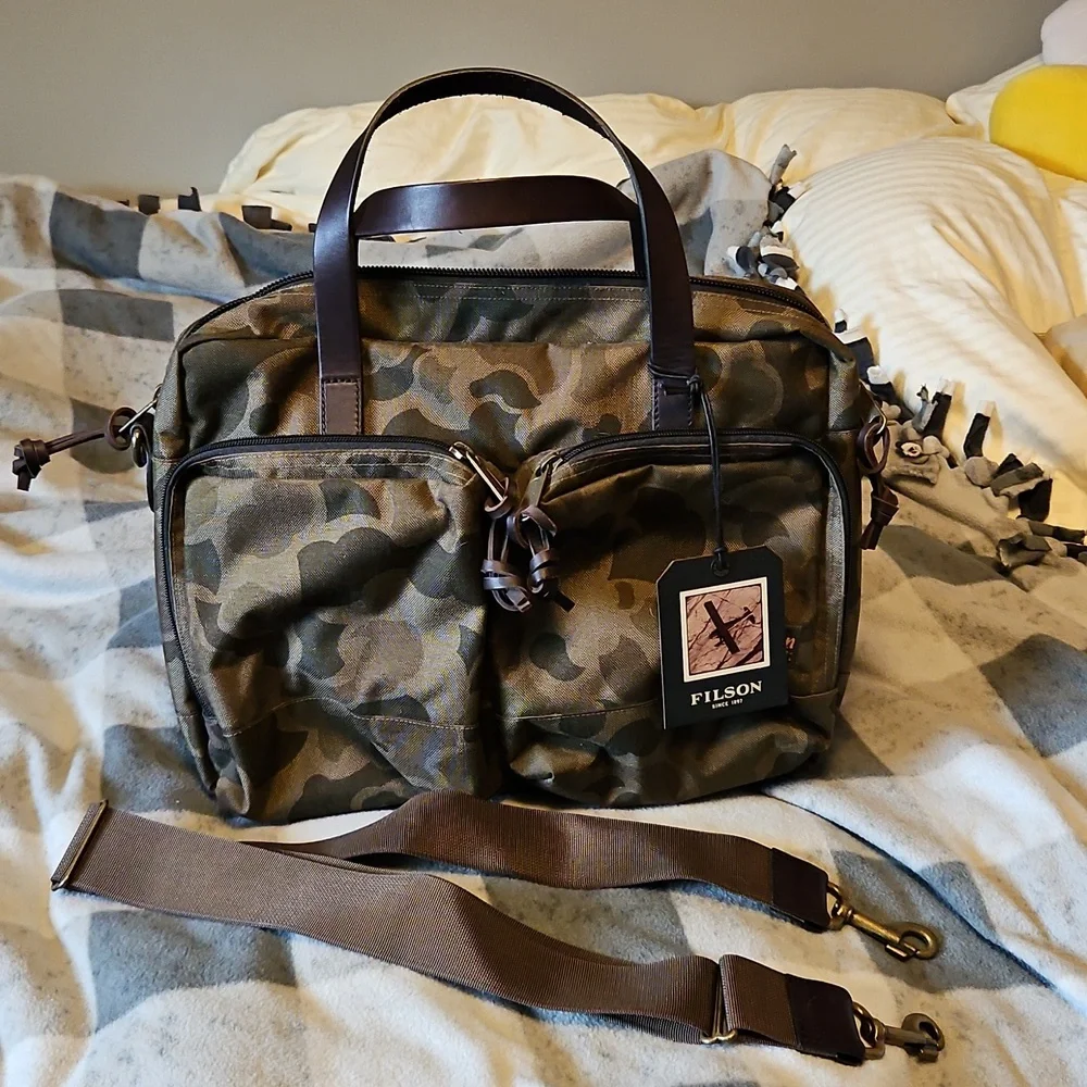 NWT FILSON Dryden Briefcase Dark Shrub Camo Nylon Leather Shoulder Bag - Picture 4 of 4